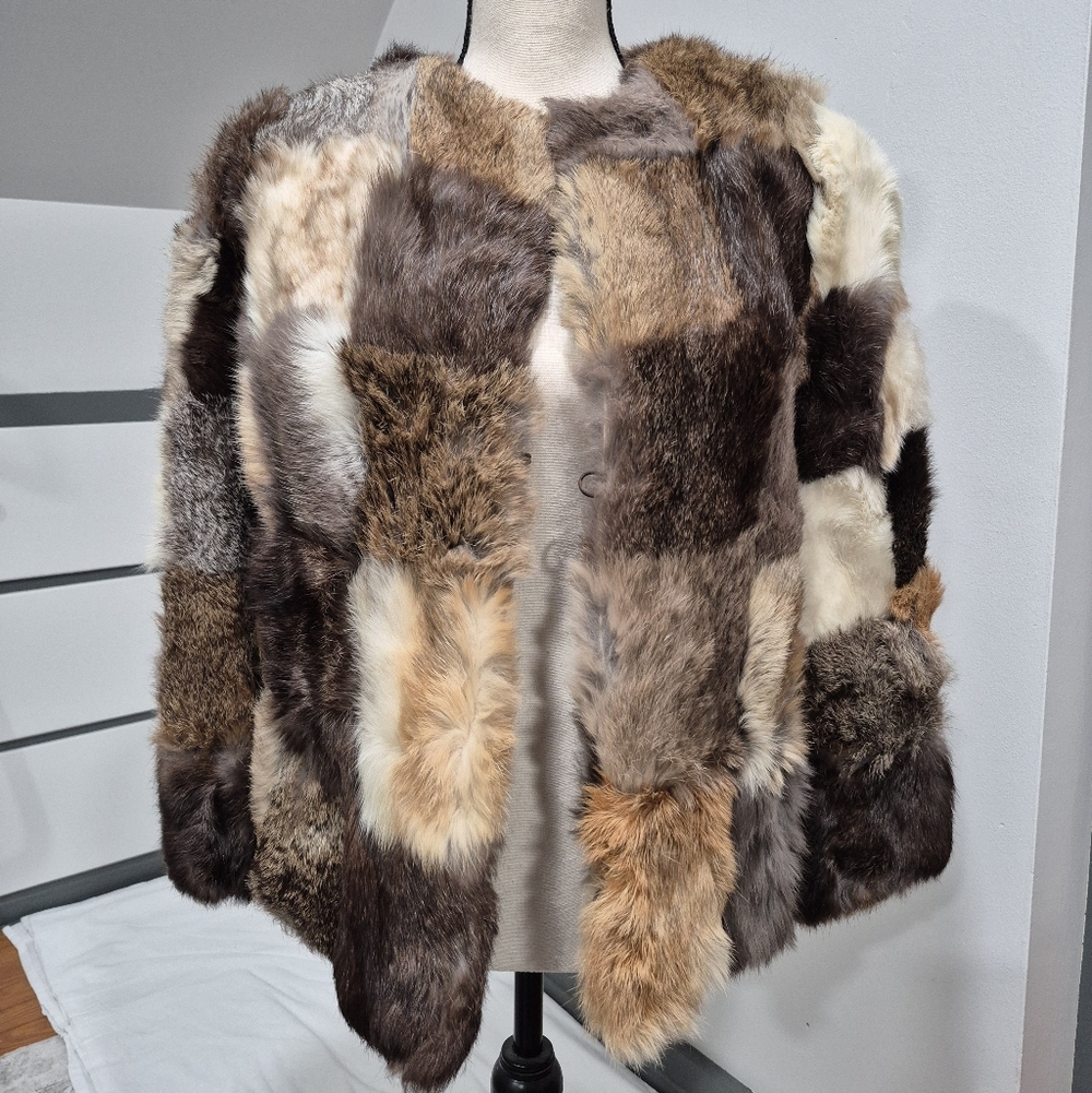 Vintage Rabbit Fur Colorblock Waist Length Coat